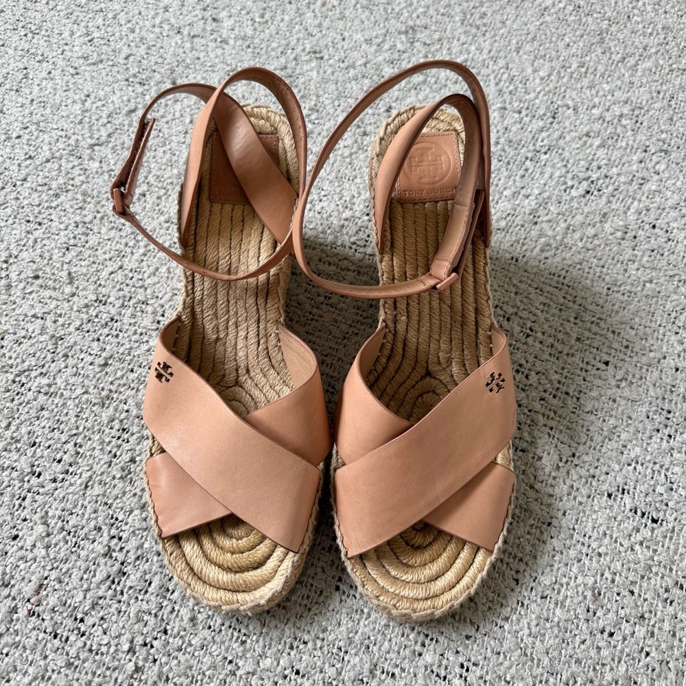 Tory Burch Tan Leather Espadrille Wedge Sandals